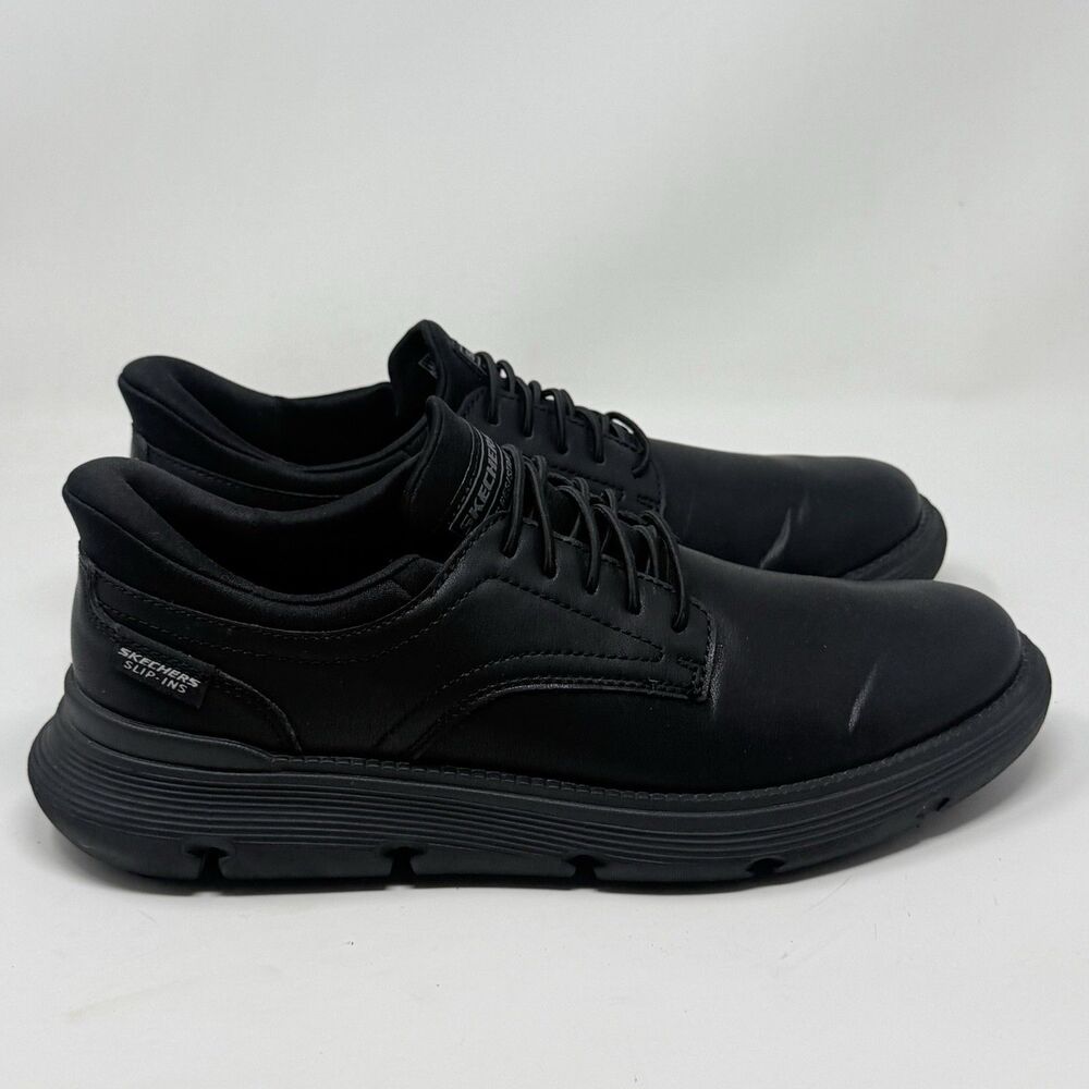 Skechers Garza Work Shoes Mens 9.5 Black Leather Hands Free Slip Ins Slip Resist